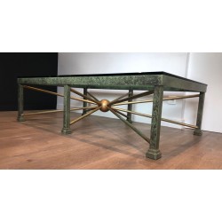 Importante Table Basse en Fer Forgé Patiné et Doré, Piètement en Soleil, France vers 1940
