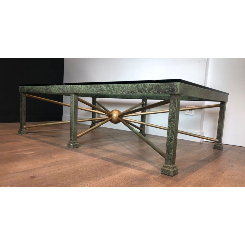 Importante Table Basse en Fer Forgé Patiné et Doré, Piètement en Soleil, France vers 1940