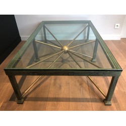Importante Table Basse en Fer Forgé Patiné et Doré, Piètement en Soleil, France vers 1940