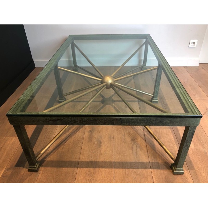 Importante Table Basse en Fer Forgé Patiné et Doré, Piètement en Soleil, France vers 1940