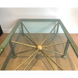Importante Table Basse en Fer Forgé Patiné et Doré, Piètement en Soleil, France vers 1940