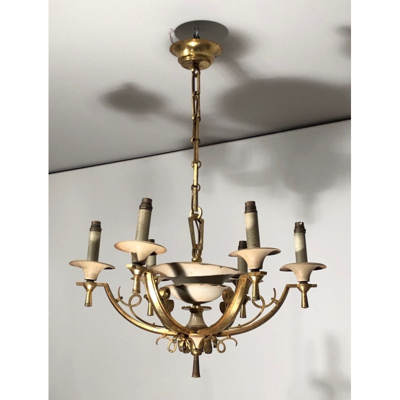 Lustre à Six Bras en Laiton et Métal Laqué Crème, France vers 1940