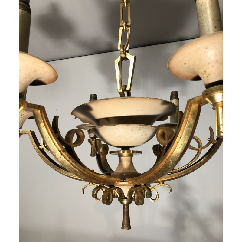 Six-Arm Brass & Cream Lacquered Metal Chandelier, France circa 1940