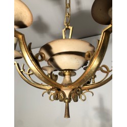 Six-Arm Brass & Cream Lacquered Metal Chandelier, France circa 1940