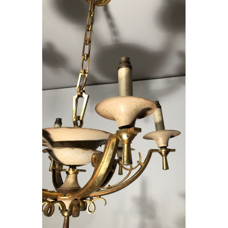 Six-Arm Brass & Cream Lacquered Metal Chandelier, France circa 1940