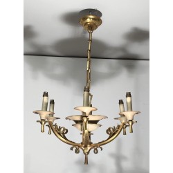 Six-Arm Brass & Cream Lacquered Metal Chandelier, France circa 1940