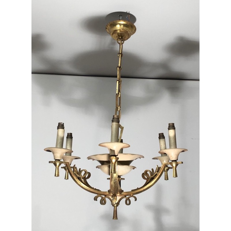 Six-Arm Brass & Cream Lacquered Metal Chandelier, France circa 1940