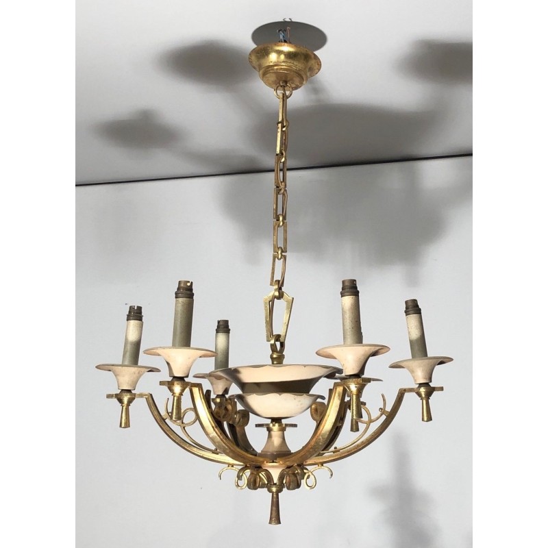 Six-Arm Brass & Cream Lacquered Metal Chandelier, France circa 1940