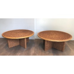 Pair of Large Round Rope Coffee Tables, in the Style of Audoux-Minet, France circa 1970