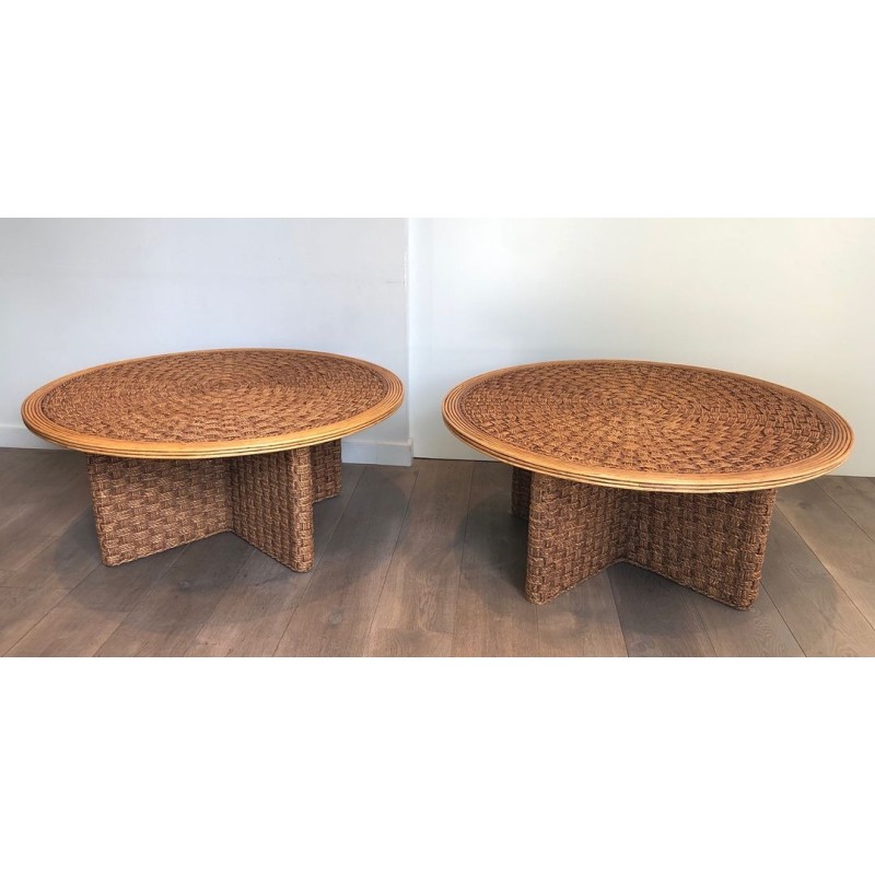 Pair of Large Round Rope Coffee Tables, in the Style of Audoux-Minet, France circa 1970
