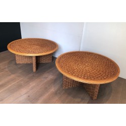 Pair of Large Round Rope Coffee Tables, in the Style of Audoux-Minet, France circa 1970
