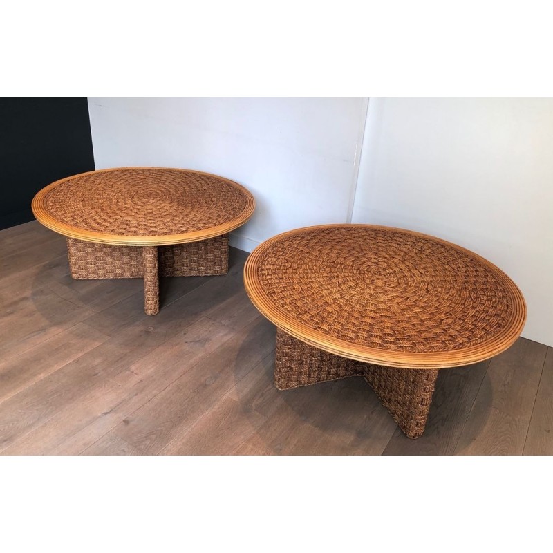 Pair of Large Round Rope Coffee Tables, in the Style of Audoux-Minet, France circa 1970
