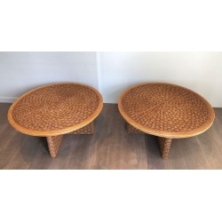 Pair of Large Round Rope Coffee Tables, in the Style of Audoux-Minet, France circa 1970