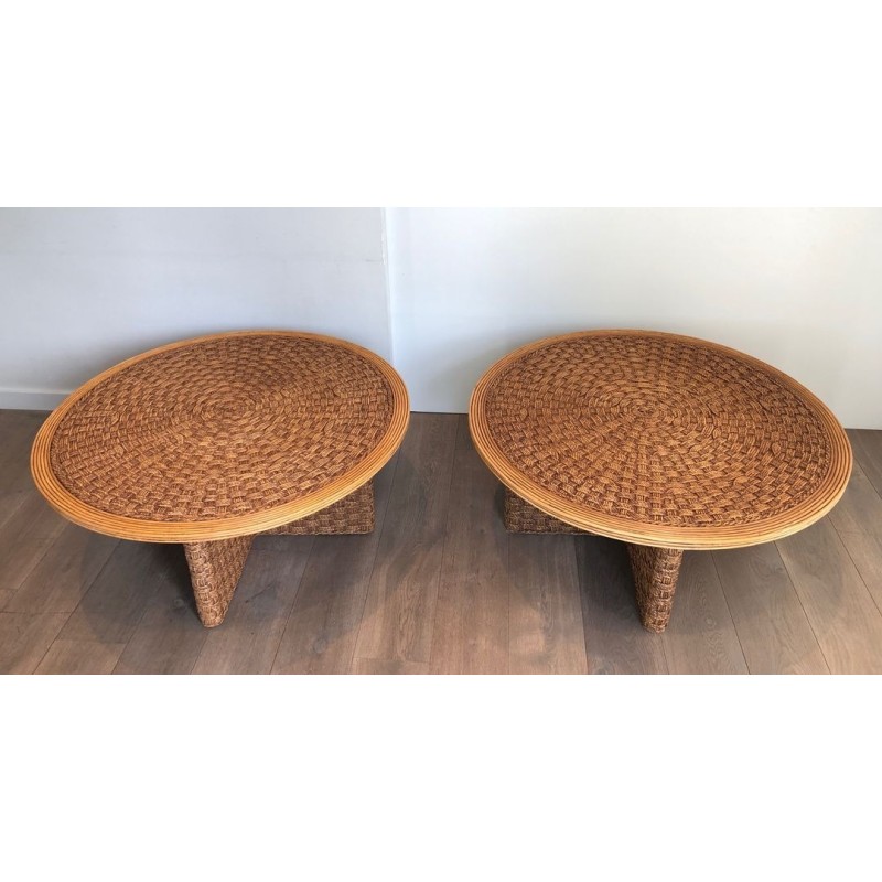 Pair of Large Round Rope Coffee Tables, in the Style of Audoux-Minet, France circa 1970