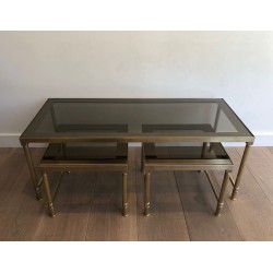 Table Basse et Deux Tables Gigognes en Laiton et Verre Fumé, France vers 1970