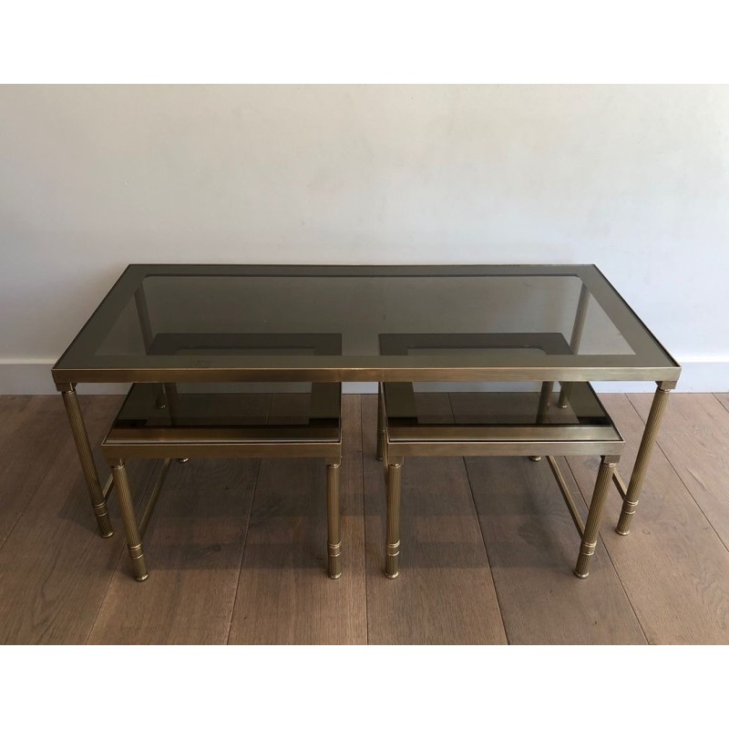 Table Basse et Deux Tables Gigognes en Laiton et Verre Fumé, France vers 1970