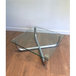 Table Basse Moderniste à Piètement en X Chromé et Verre Octogonal, France vers 1970