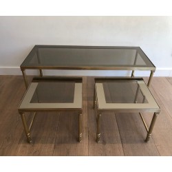 Table Basse et Deux Tables Gigognes en Laiton et Verre Fumé, France vers 1970