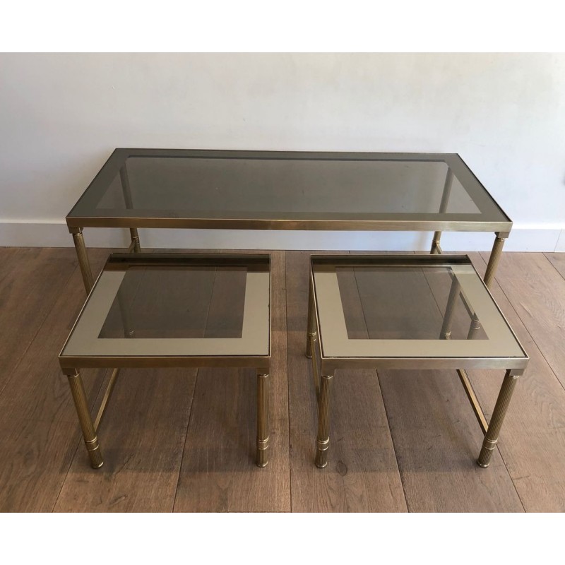 Table Basse et Deux Tables Gigognes en Laiton et Verre Fumé, France vers 1970
