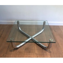 Table Basse Moderniste à Piètement en X Chromé et Verre Octogonal, France vers 1970
