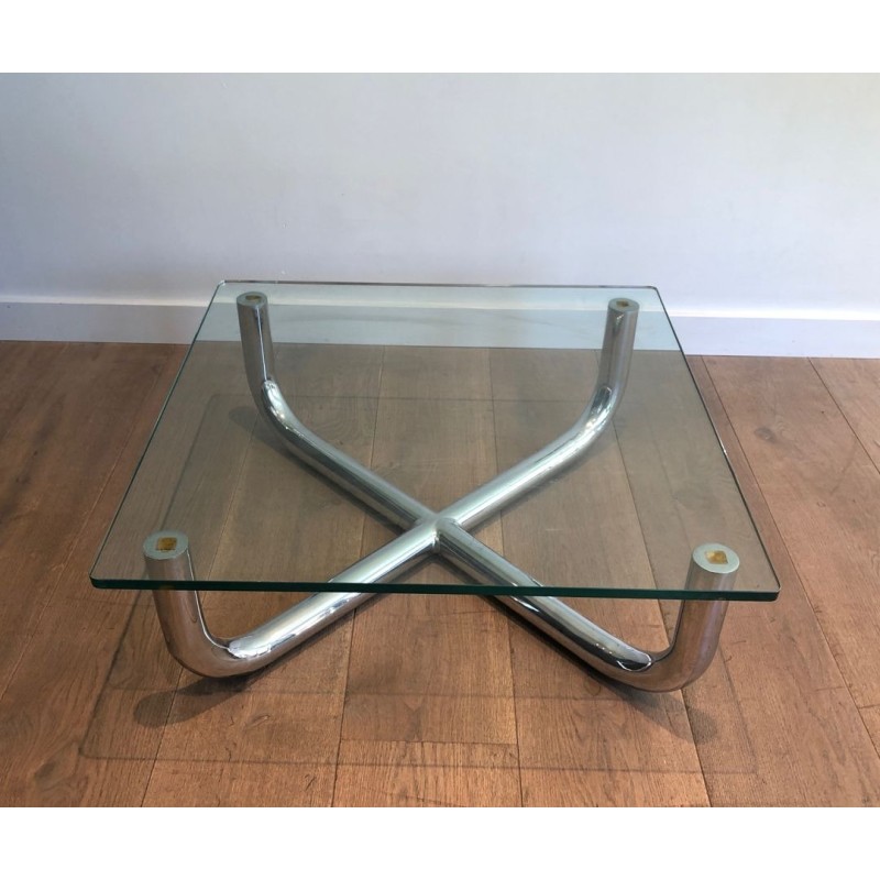 Table Basse Moderniste à Piètement en X Chromé et Verre Octogonal, France vers 1970