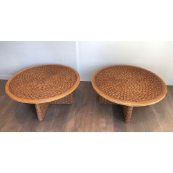 Pair of Large Round Rope Coffee Tables, in the Style of Audoux-Minet, France circa 1970