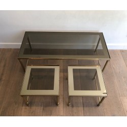 Table Basse et Deux Tables Gigognes en Laiton et Verre Fumé, France vers 1970