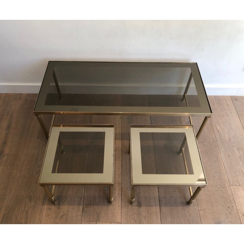 Table Basse et Deux Tables Gigognes en Laiton et Verre Fumé, France vers 1970