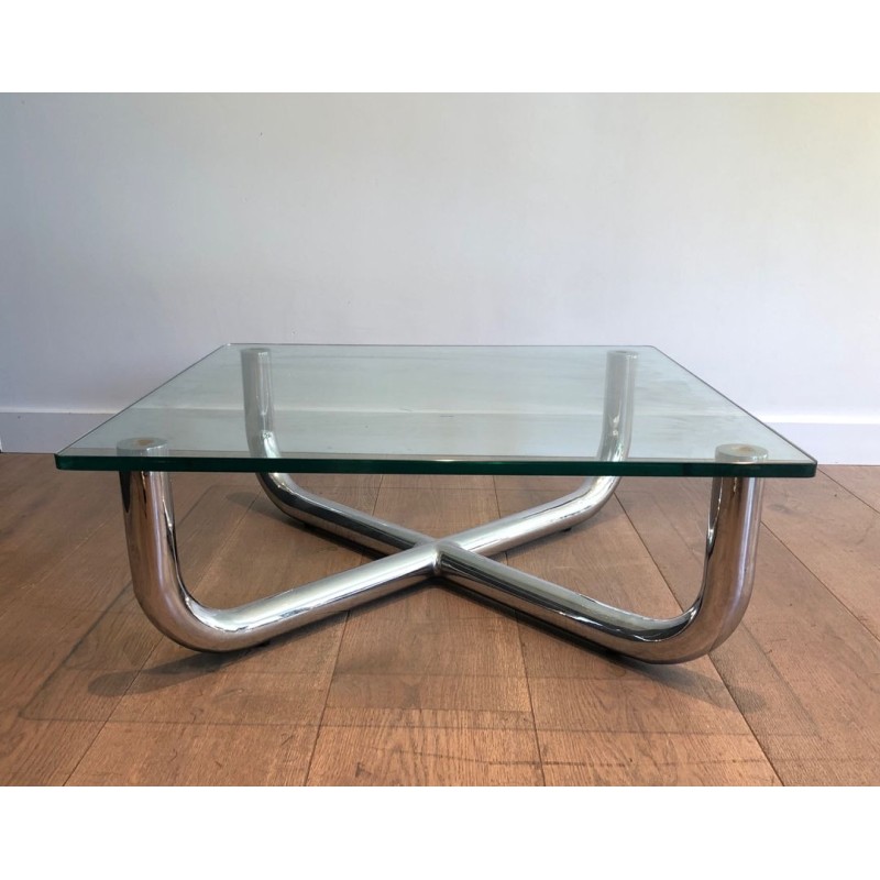 Table Basse Moderniste à Piètement en X Chromé et Verre Octogonal, France vers 1970