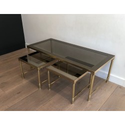 Table Basse et Deux Tables Gigognes en Laiton et Verre Fumé, France vers 1970