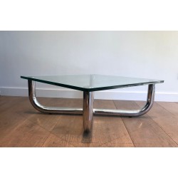 Table Basse Moderniste à Piètement en X Chromé et Verre Octogonal, France vers 1970