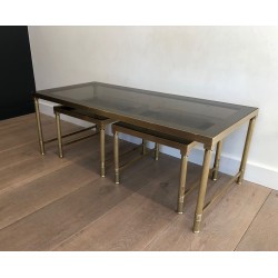 Table Basse et Deux Tables Gigognes en Laiton et Verre Fumé, France vers 1970
