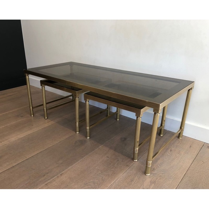 Table Basse et Deux Tables Gigognes en Laiton et Verre Fumé, France vers 1970