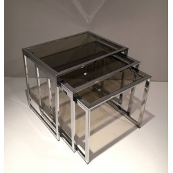 Suite de Trois Tables Gigognes en Chrome et Verre Fumé, France vers 1970