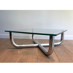 Table Basse Moderniste à Piètement en X Chromé et Verre Octogonal, France vers 1970
