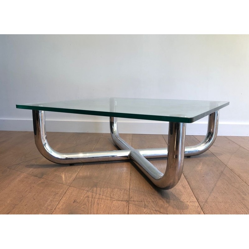 Table Basse Moderniste à Piètement en X Chromé et Verre Octogonal, France vers 1970