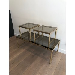 Table Basse et Deux Tables Gigognes en Laiton et Verre Fumé, France vers 1970