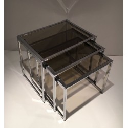 Suite de Trois Tables Gigognes en Chrome et Verre Fumé, France vers 1970