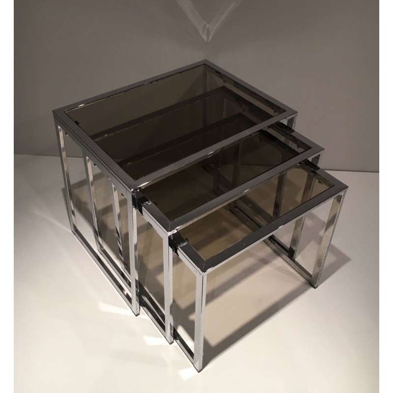 Set of Three Nesting Tables in Chrome and Smoked Glass, France circa 1970