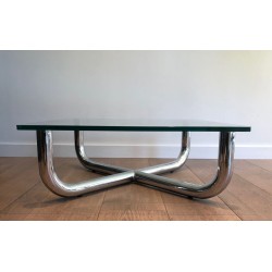 Table Basse Moderniste à Piètement en X Chromé et Verre Octogonal, France vers 1970