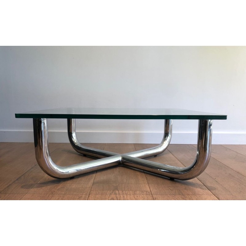 Table Basse Moderniste à Piètement en X Chromé et Verre Octogonal, France vers 1970