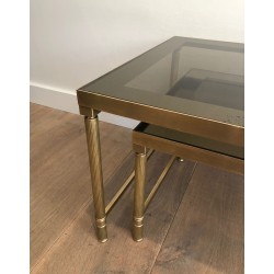 Table Basse et Deux Tables Gigognes en Laiton et Verre Fumé, France vers 1970