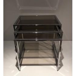 Set of Three Nesting Tables in Chrome and Smoked Glass, France circa 1970