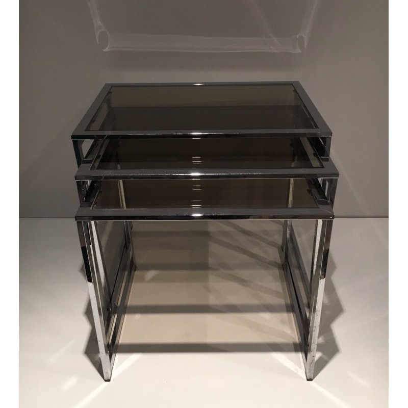 Suite de Trois Tables Gigognes en Chrome et Verre Fumé, France vers 1970