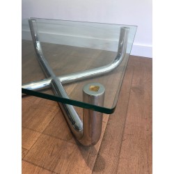 Table Basse Moderniste à Piètement en X Chromé et Verre Octogonal, France vers 1970
