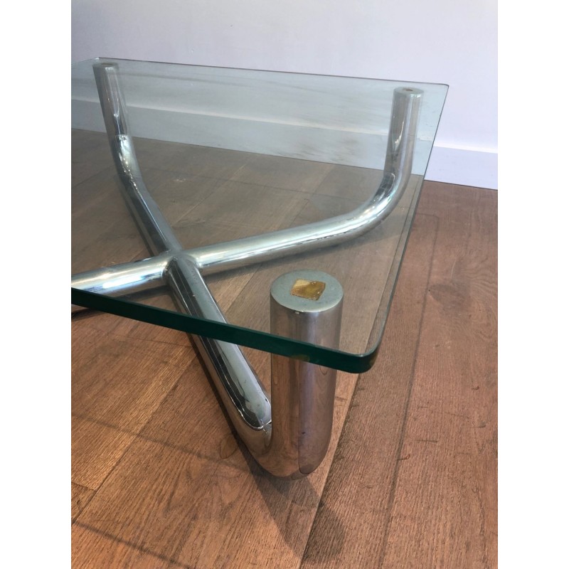 Table Basse Moderniste à Piètement en X Chromé et Verre Octogonal, France vers 1970