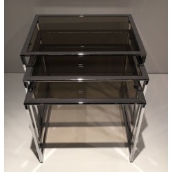 Set of Three Nesting Tables in Chrome and Smoked Glass, France circa 1970