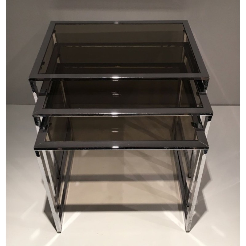 Suite de Trois Tables Gigognes en Chrome et Verre Fumé, France vers 1970