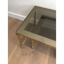 Table Basse et Deux Tables Gigognes en Laiton et Verre Fumé, France vers 1970