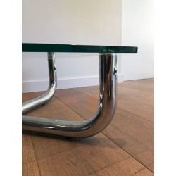 Table Basse Moderniste à Piètement en X Chromé et Verre Octogonal, France vers 1970